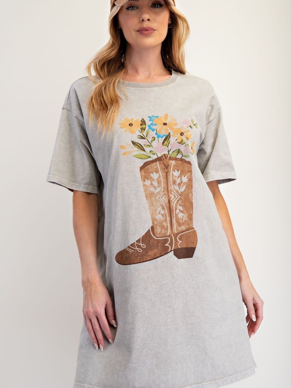 New Easel Los Angeles Western Boots Floral Graphic Tee Dress Tunic Plus Size Ash